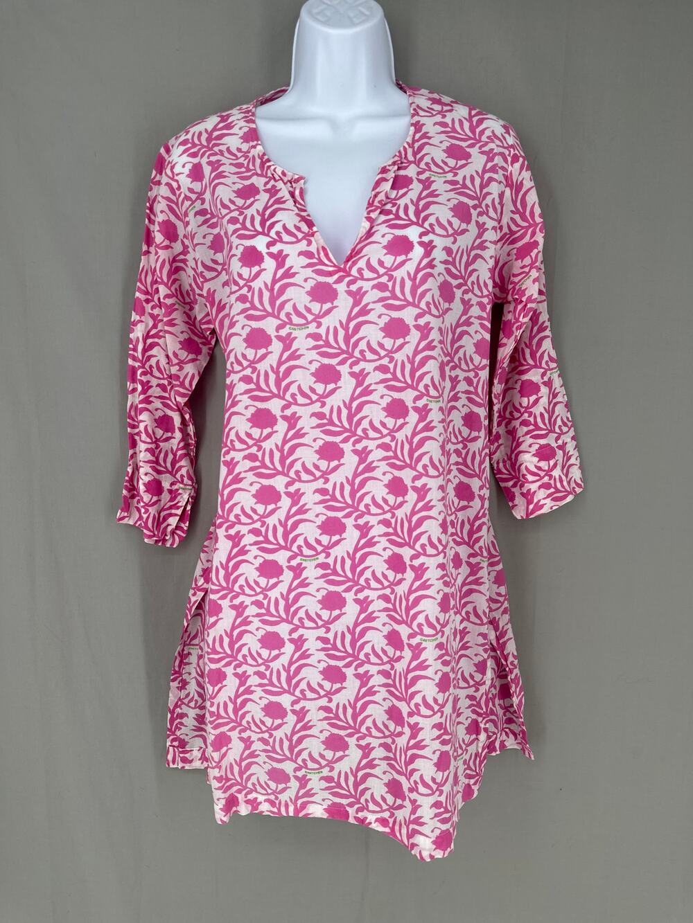 Gretchen Scott Top Womens Small Pink Floral Tunic Cotton Beachy Boho Lightweight